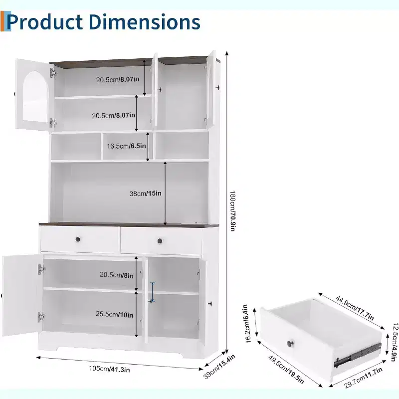 Tall Kitchen Storage Cabinet with Frosted Glass Doors, Open Shelves and Countertop, 41.34W x 15.75D x 70.87H