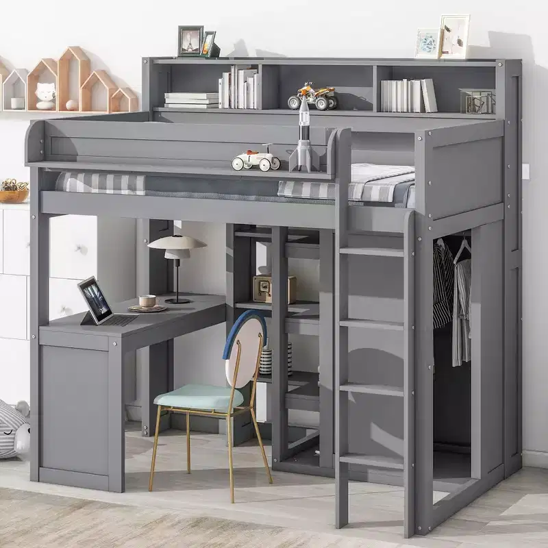 Twin Size Loft Bed with Storage Shelves and Wardrobe, Wood Loft Bed with Built-in Desk and Staircase for Kids Teens Adults