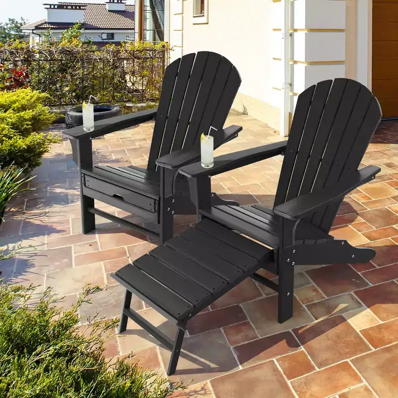 Costway 2 PCS Outdoor Patio HDPE Adirondack Chair Beach Seat Retractable Ottoman White\Black\Coffee\Grey\Turquoise
