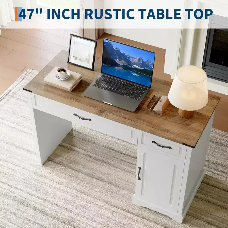 47 Inch Farmhouse Executive Desk, Rustic Home Office Desk with Drawers Storage, Wood Computer Desk Writing Workstation for Home Office & Study