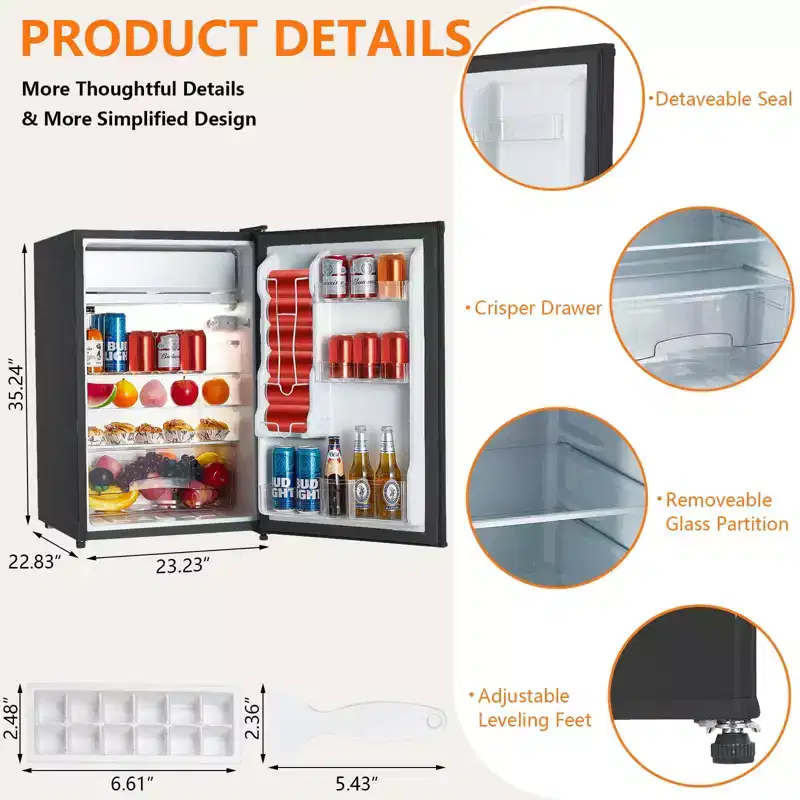 Mini Fridge With Freezer, 4.3 Cu.Ft Single Door Refrigerator - Adjustable Thermostat, Reversible Doors, Ideal for Dorm, Office, Rv, Garage, Apartment