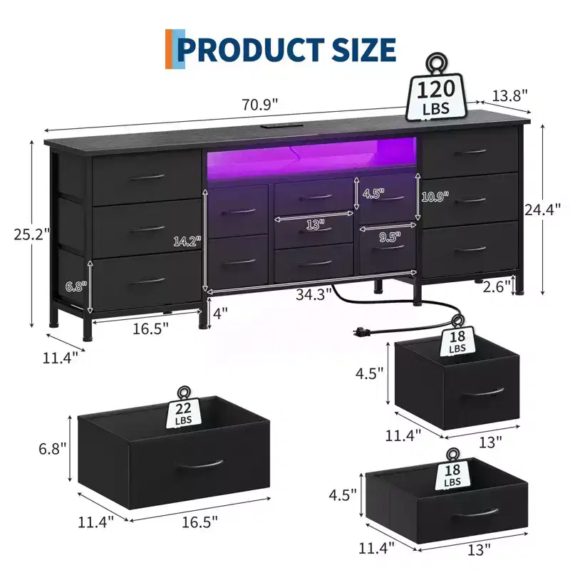 70-Inch Dresser with 13 Fabric Drawers and LED Lights, Wide TV Stand Chest with Metal Frame for Bedroom and Living Room