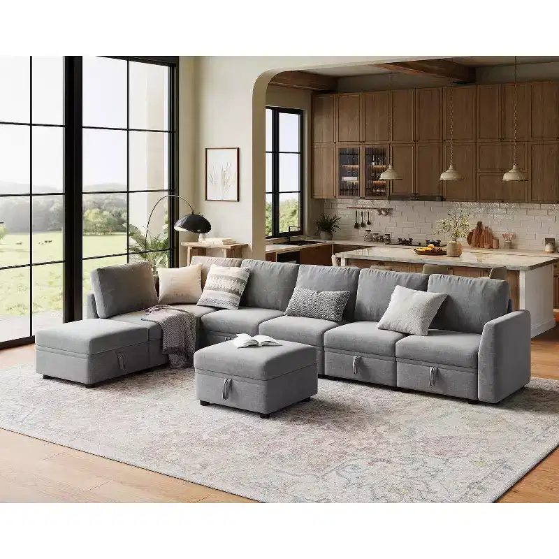 Acekool 6-Piece L-Shaped Sectional - Storage Ottoman, Chenille Fabric, Gray
