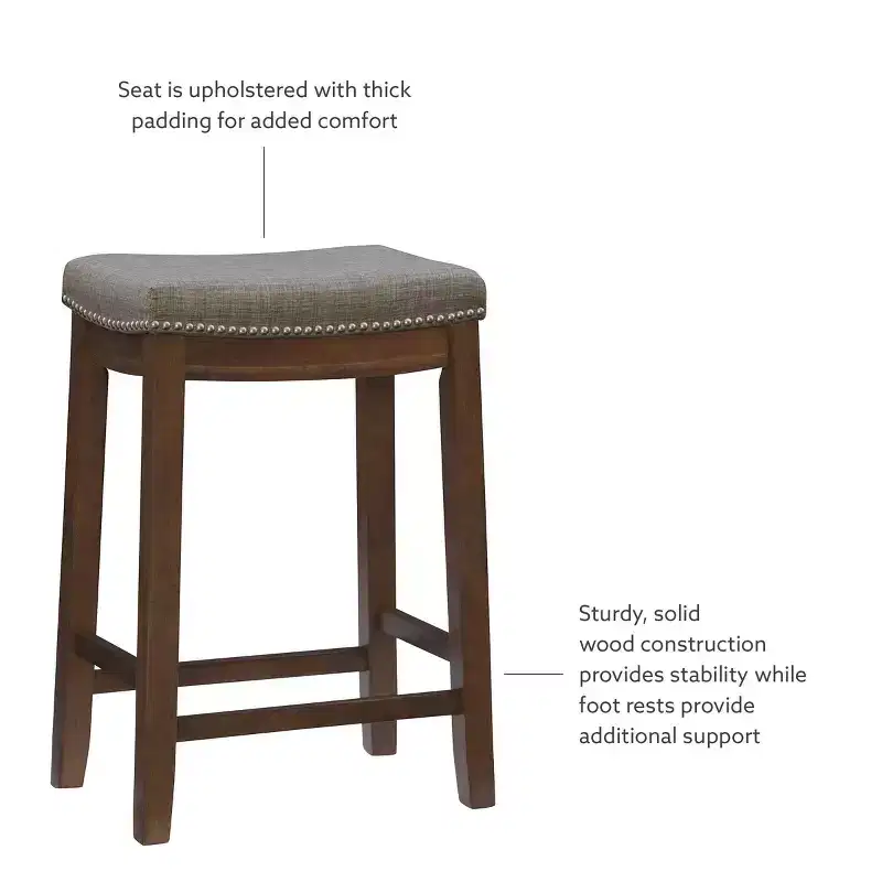 Counter Height Barstool Rustic Brown Natural Linen Upholstered Backless