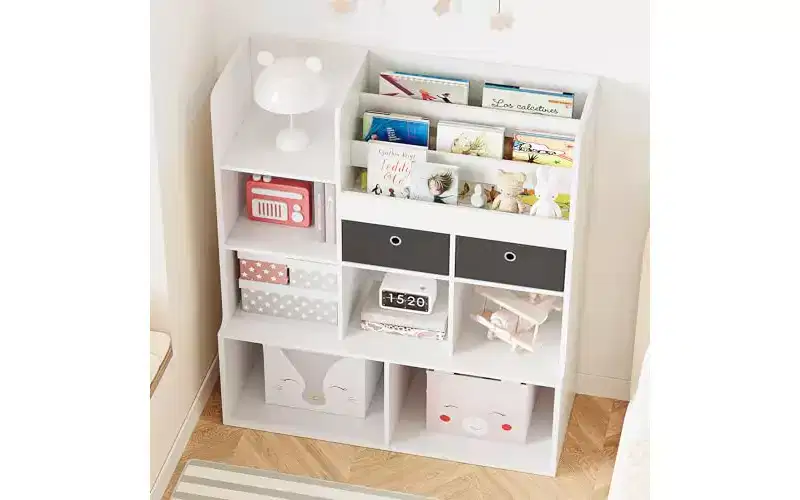 GustoWave 4-Tier Kids Bookshelf Wood Toy Storage Organizer Kids Book Shelf with 10 Cubbies and 2 Drawer Kids Bookcase Kids Storage Cabinet