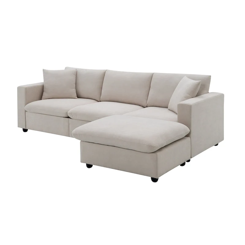 L-shaped Polyester Fabric Couch Set with 2 Free Pillows and Convertible Ottoman