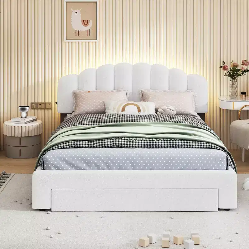 Upholstered Platform Bed, Teddy Fleece with Storage Drawer & USB Ports - White