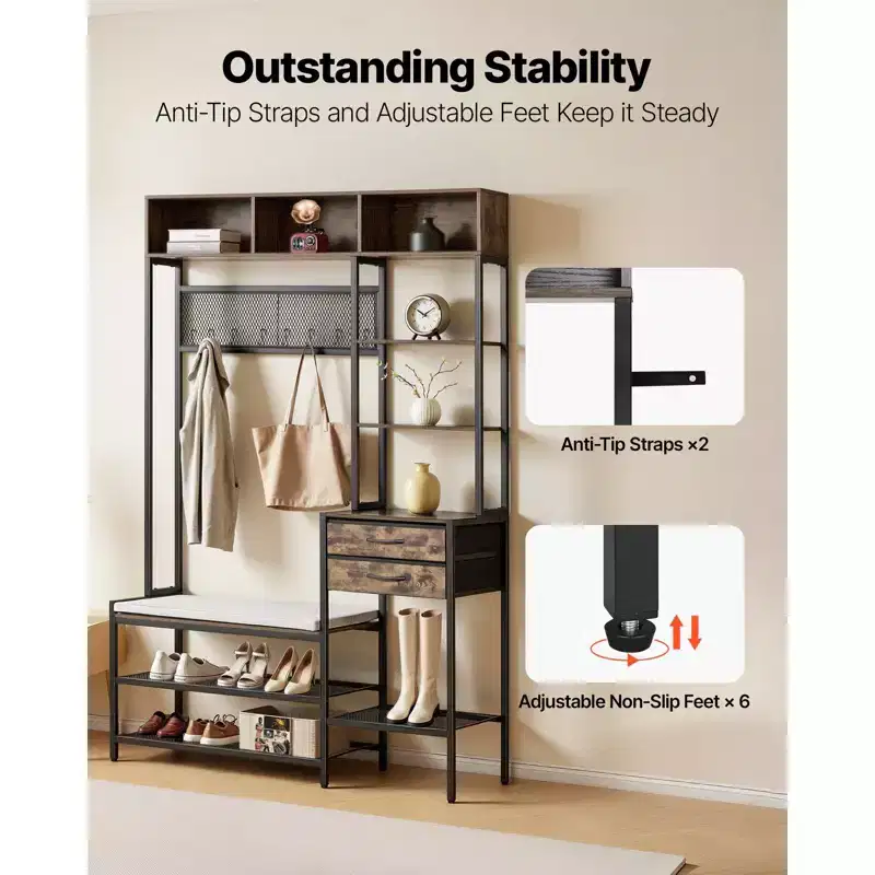 Hall Tree, 70.9 in Coat Rack with Shoe Bench & 2 Drawers, 3-in-1 Freestanding Shoe Rack Storage Organizer with Bookshelf & Wire Shelf