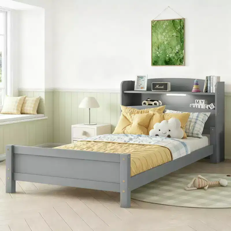 Twin Wood Bed with Bookcase Headboard, LED Motion Sensor Light and Adjustable Guardrails