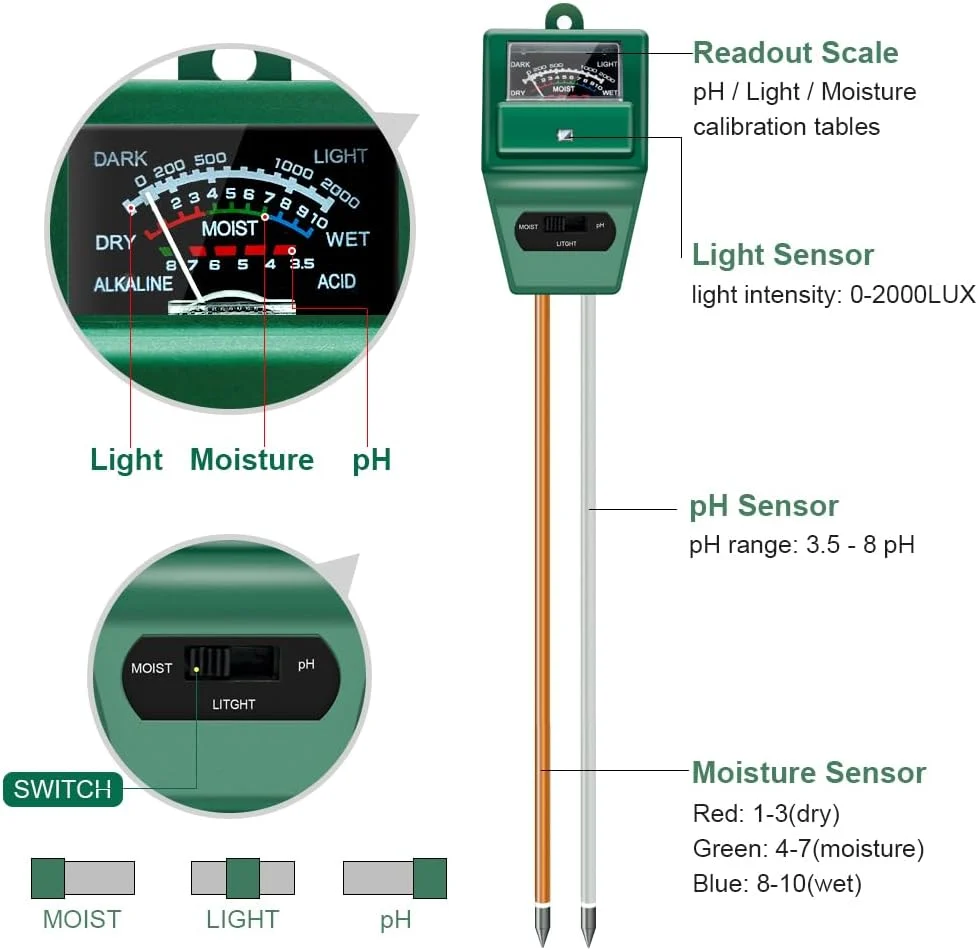 3-in-1 Soil Moisture Light pH Tester for Garden Lawn Farm Indoor Outdoor Use Green