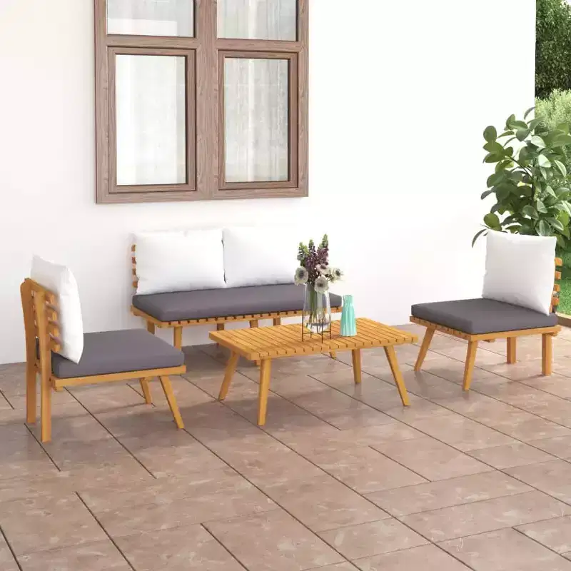 vidaXL 4-Piece Patio Lounge Set - Solid Acacia Wood Outdoor Furniture with Cushions and Coffee Table for Garden, Terrace, Patio.