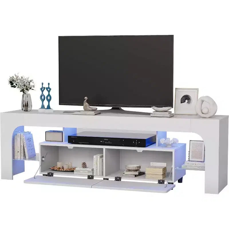 Modern TV Stand for 50-75 Inch TVs, White Finish Entertainment Center with View Window and Large Storage Drawer, Multi-Functional Media Console