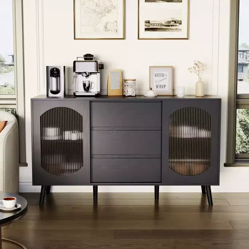 Sideboard Buffet Cabinet with Fluted Glass Doors and Drawers, Cabinet with Storage, Black Sideboard for Kitchen, Dining Room, Living Room