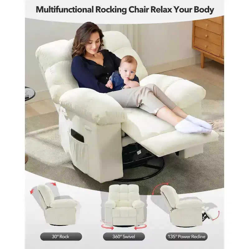 Recliner Chair, 360 Swivel Rocker Chair for Small Spaces,Upholstered Fabric Glider Nursery Chair With Side Pockets for Living Room,Q235 Steel Frame