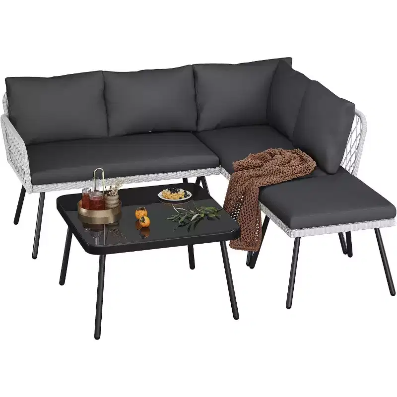 L-shaped Wicker Outdoor Furniture Set, 4-Piece Patio Sectional Sofa with Handmade Rattan, Conversation Set for Backyard, Garden, Grey