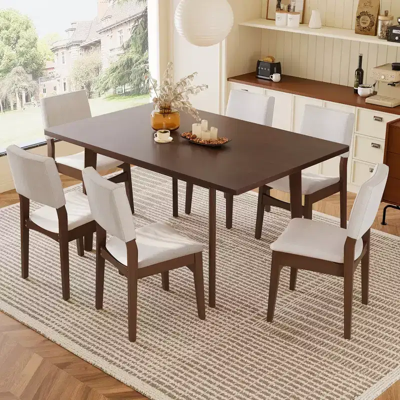 GDFStudio Dalton 7-Piece Modern Dining Set - Rectangular Solid Wood Table & Upholstered Linen Chairs