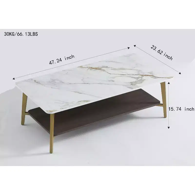 TUYOHW 2-Tier Coffee Table for Living Room,47.2 Rectangular Center Table for Living Room,Wooden Side Table with Metal Frame,White/Gold