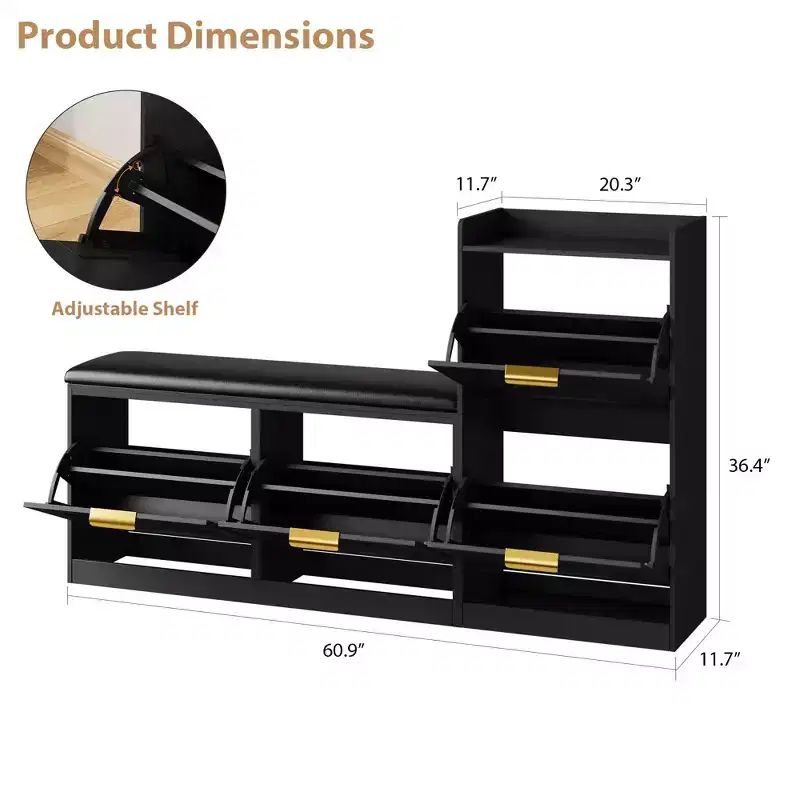Farmhouse Shoe Cabinet with Bench and 4 Flip Drawers, Shoe Storage Cabinet with Bench and Comfort Cushion, Entryway Shoe Organizer with Storage