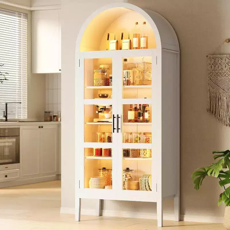 Arched Wine Cabinet with LED Lights - White Freestanding Storage Cabinet with Glass Doors for Kitchen, Dining Room