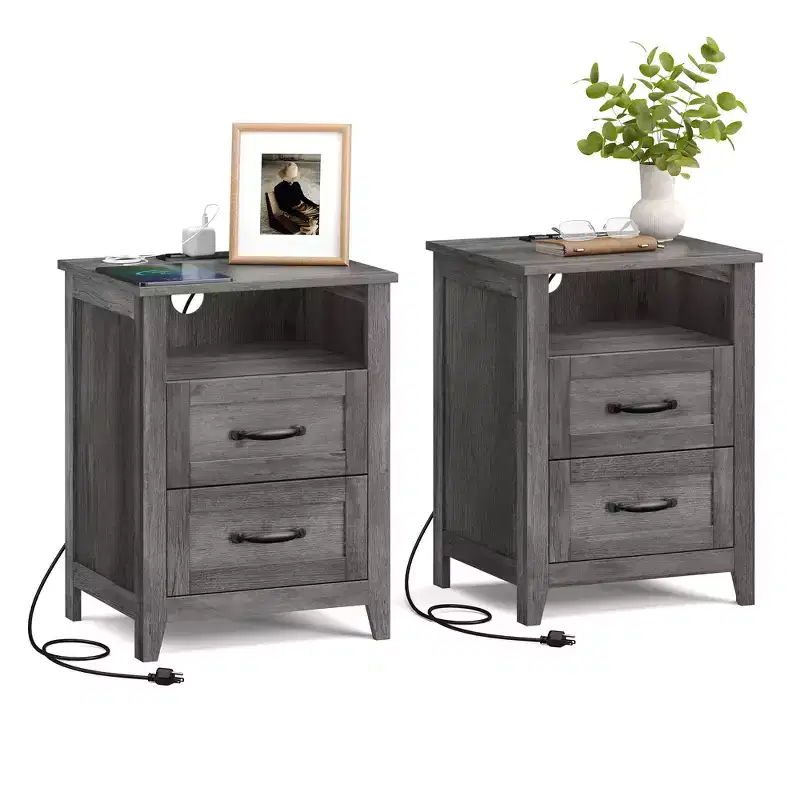 Set of 2 Farmhouse Nightstands with USB Charging - 2-Drawer Bedside Tables, Rustic Modern Design
