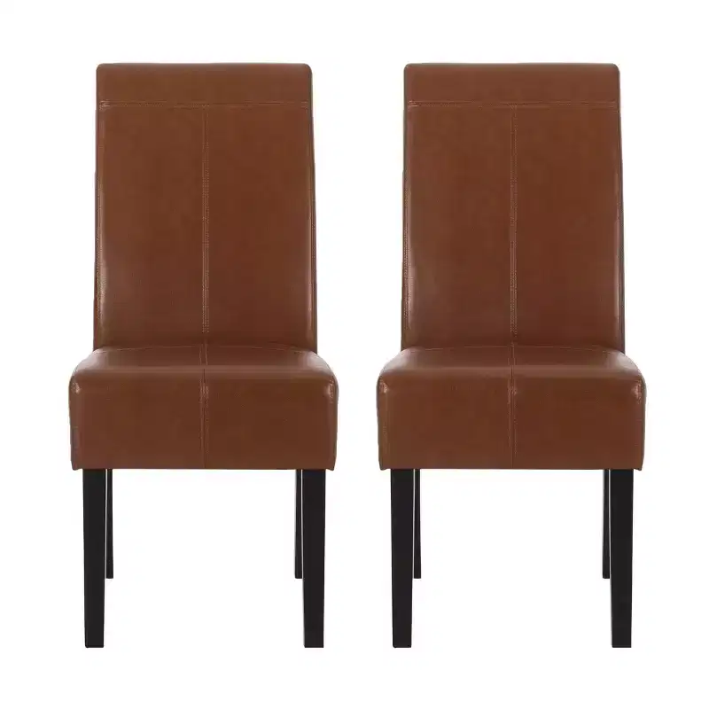 Set of 2 Faux Leather T-Stitch High Back Dining Chairs, Cognac Brown & Espresso Wood Legs