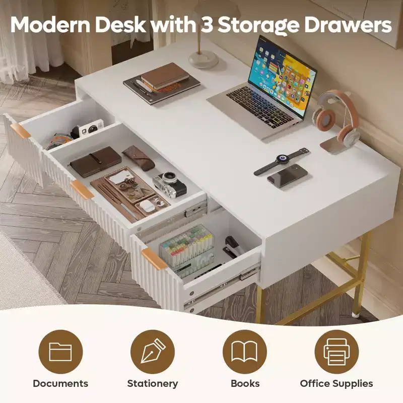 Bestier 47 Fluted Computer Writing Desk with Storage for Home Office,Fluted Makeup Vanity Desk with 3 Drawers and golden legs,White