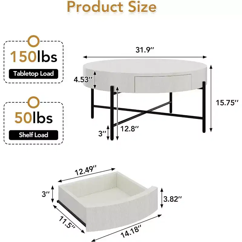 Acekool Round Coffee Table with 2 Drawers, Wood Top & Metal Cross Leg Base  Modern Farmhouse Storage Table for Living Room & Apartment