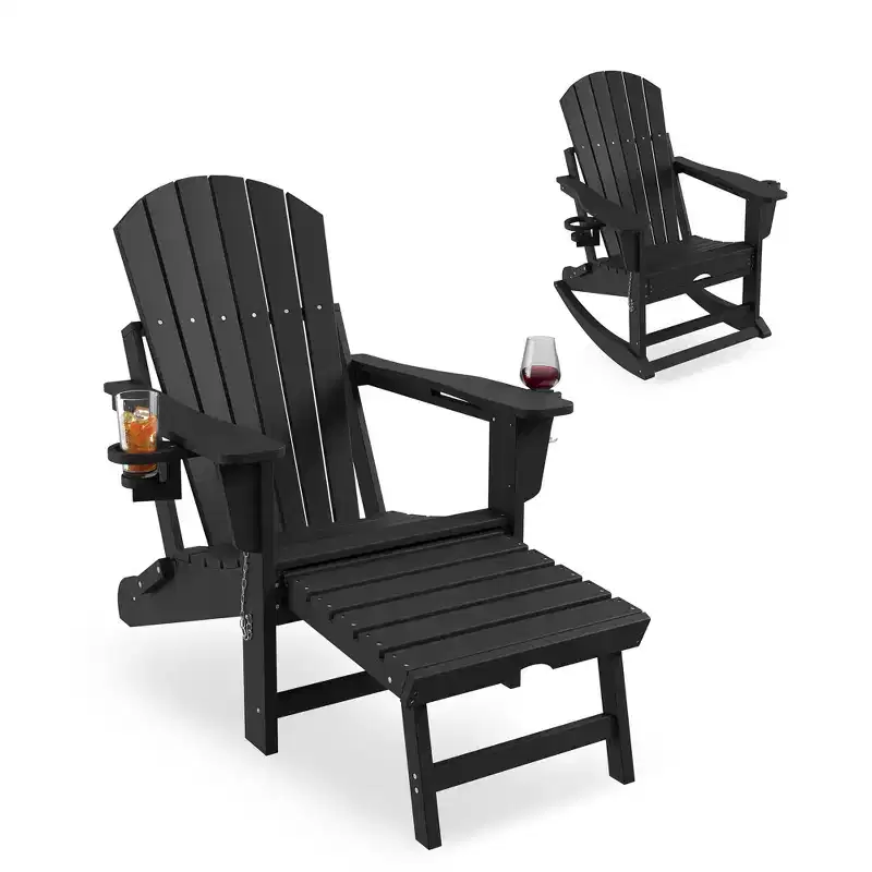 Folding Adirondack Outdoor Patio Rocking Chair, All-Weather Heavy Duty HDPE Lounger with Retractable Cup Holders & Ottoman for Garden