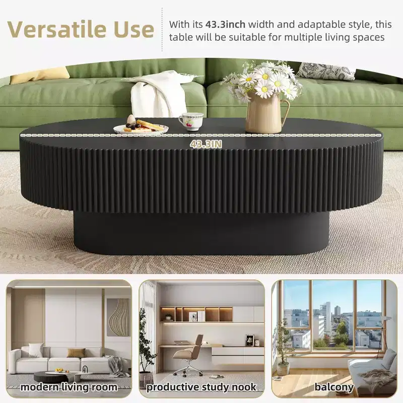 Oval Coffee Table with Fluted Base for Living Room
