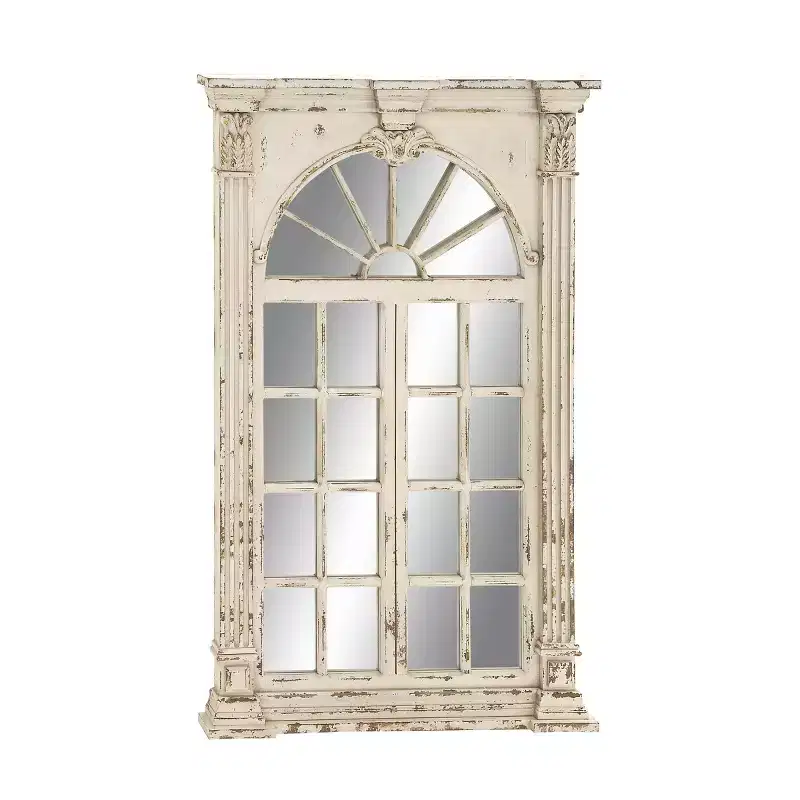 Wood Window Panes Inspired Wall Mirror with Arched Top and Distressing Cream - Olivia & May: Vintage Style, No Assembly Required