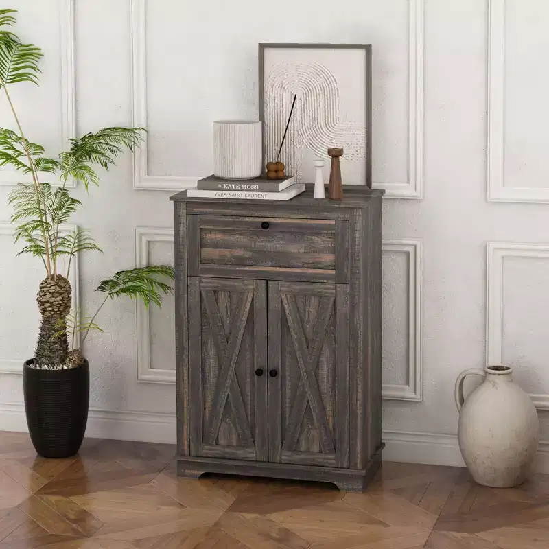 Farmhouse Sideboard Storage Cabinet 2 Doors 1 Drawer Adjustable Shelf MDF Anti-Tip