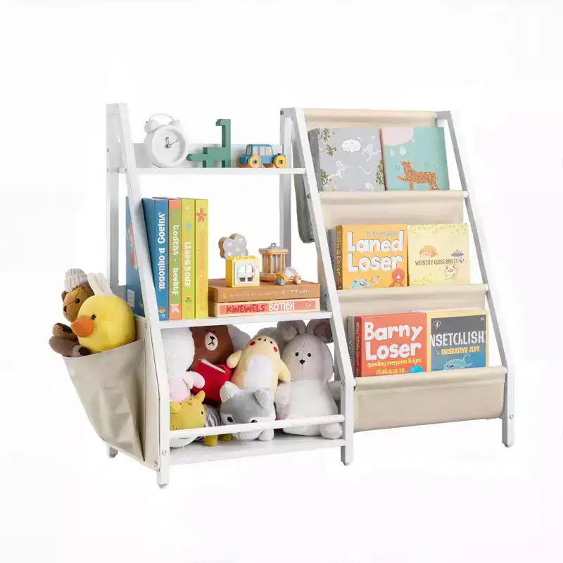 VEVOR 3Tier Kids Bookshelf,Toy Storage Organizer for Toddler,Book Shelf for Kids Rooms with Sling Book Rack and Storage Bag,Storage Book Shelves,White