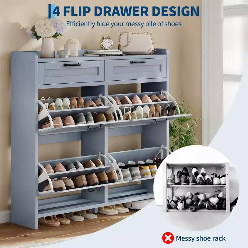 Shoe Cabinet, Shoe Storage Cabinet  4 Flip Drawers & 2 Top Drawers, Wooden Organizer with Adjustable Shelf, Freestanding Hidden Storage