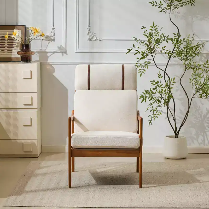 Mid Century Modern Accent Armchair with Solid Wood Frame and High Back, Beige Upholstery, for Reading Nook