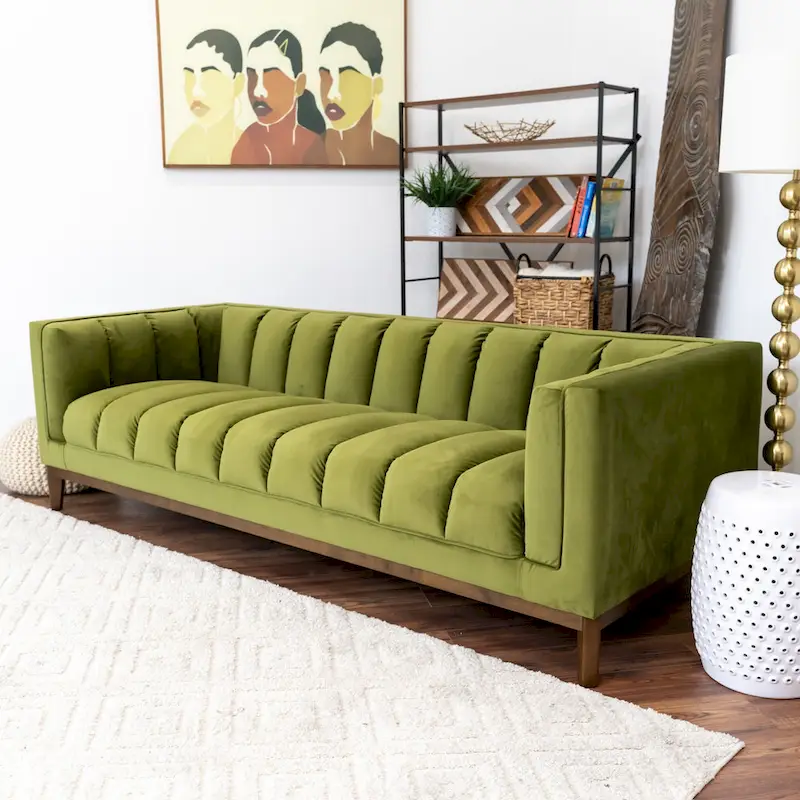 Mid-Century Modern 2-Seater Sofa | Velvet & Boucle | Green / Ivory / Orange
