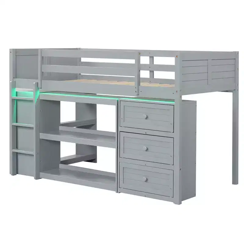 Costway Twin Size Loft Bed with LED Lights Underbed Space Drawers Shelves Ladder Gray/White