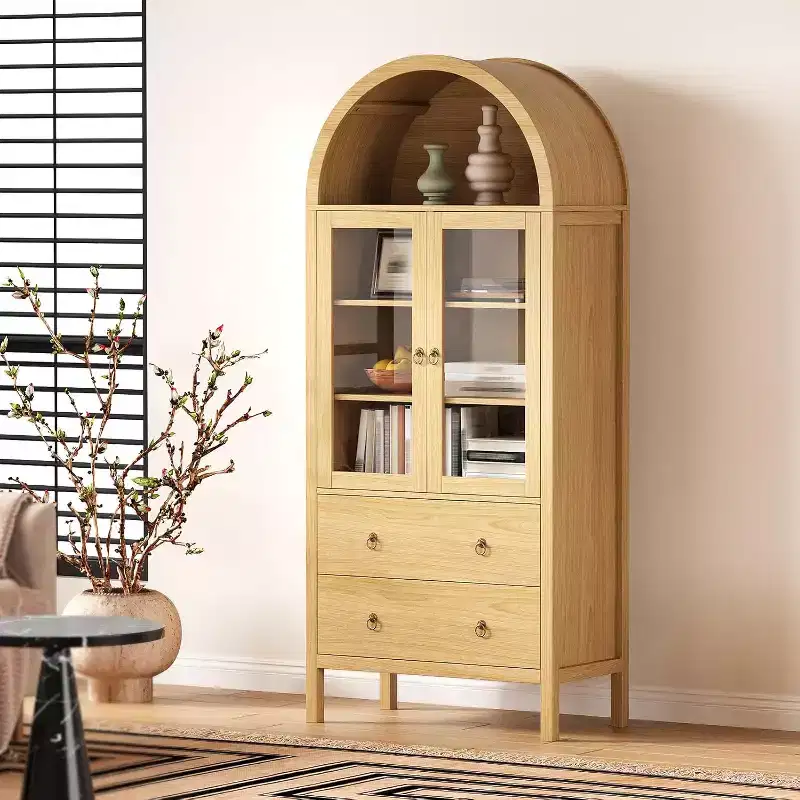 Arched Pantry Cabinet, 71 Tall Freestanding Food Storage Cabinet with 2 Large Drawers, Versatile Cupboard for Dining Room, Natural