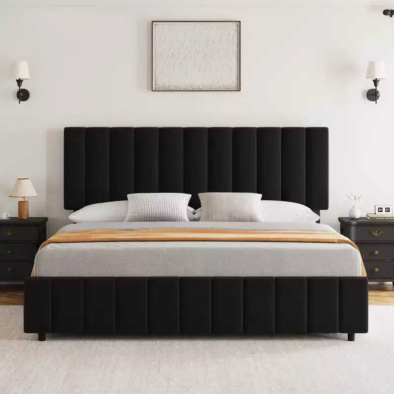 Garvee King/Queen/Full Upholstered Bed Frame with 4 Storage Drawers, Adjustable Headboard & Wood Slats, No Box Spring Needed, Black/Grey/White