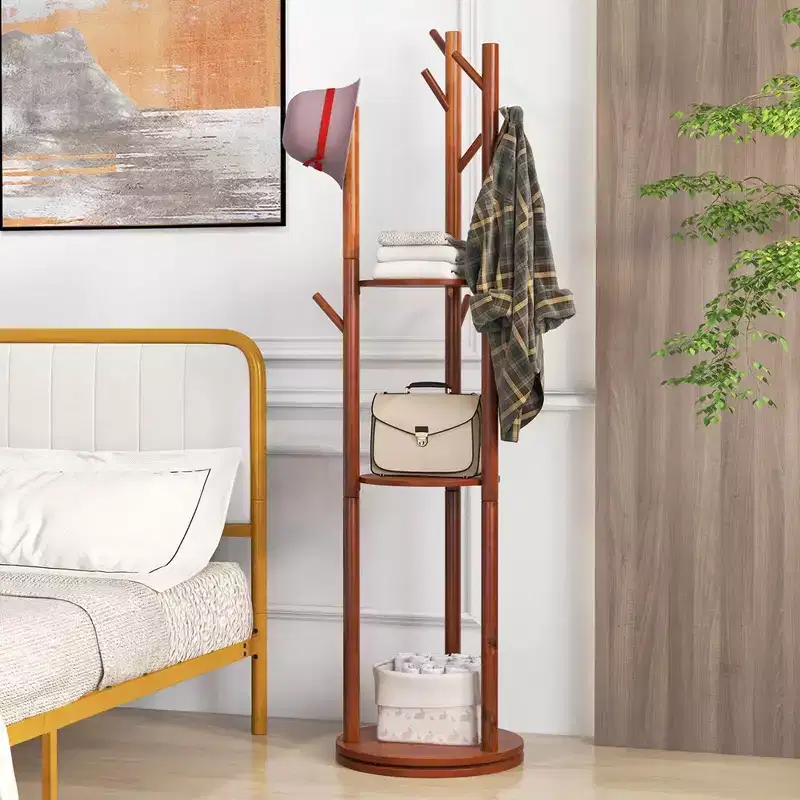 Freestanding 360° Rotary Wooden Coat Rack with 3 Shelves & 9 Hooks