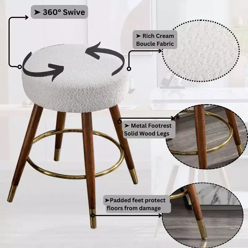 Roundhill Furniture MoMo Boucle Upholstered Counter Height Stool, 360 Swivel, White