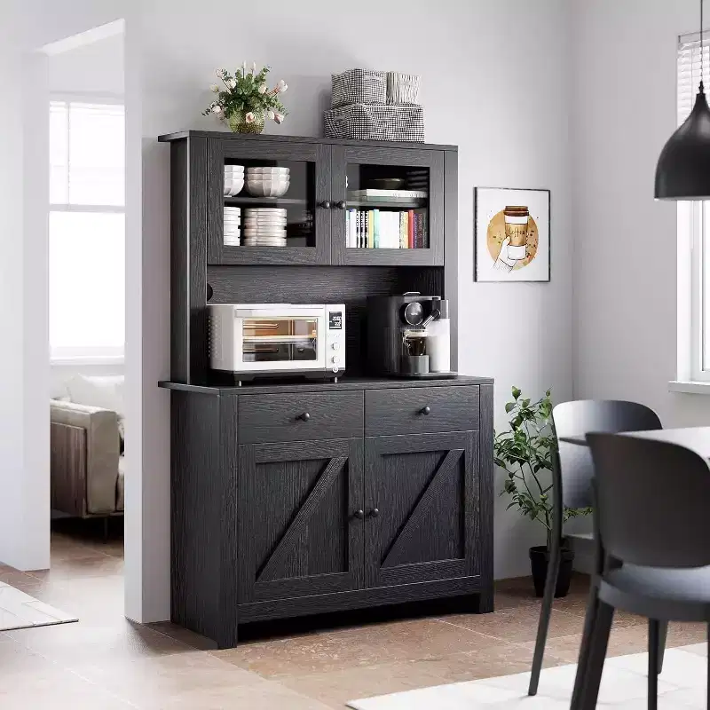 Freestanding Kitchen Pantry Cabinet with Microwave Stand, Tall Hutch Cabinet with Buffet Cupboard, Adjustable Shelves Storage for Dining Room