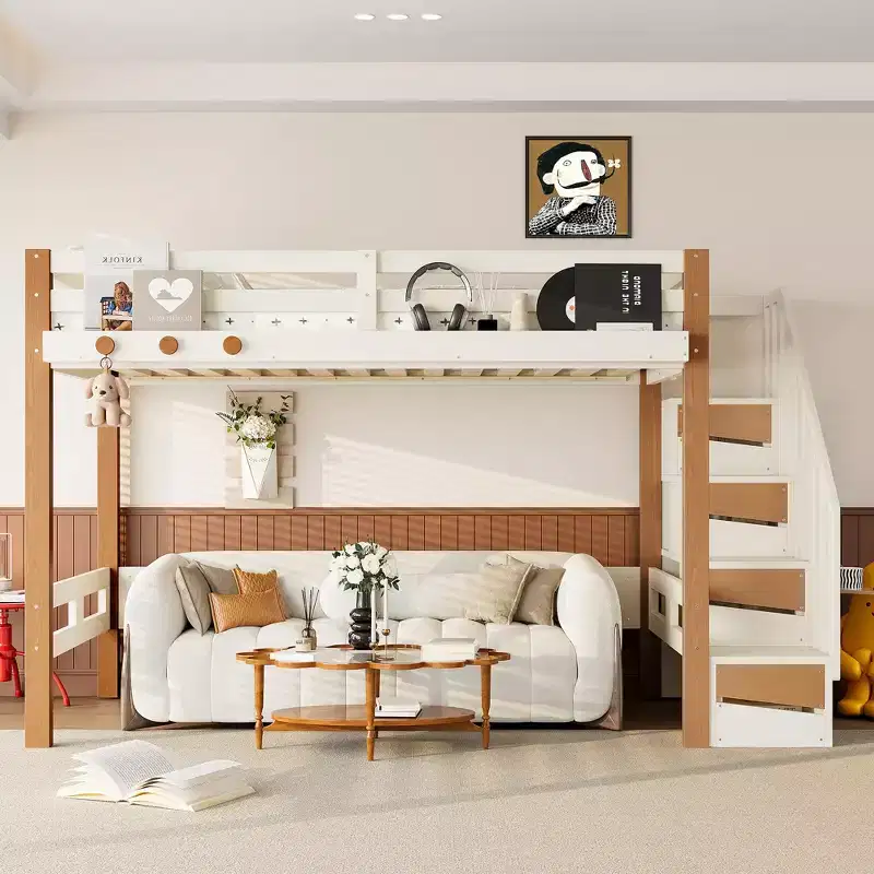 Modern Loft Bed with Clothes Hook, Storage Shelves and Underbed Space
