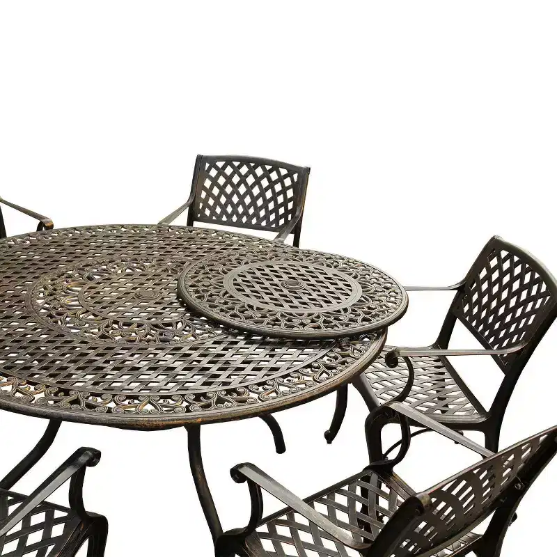 7pc Outdoor Dining Set with Ornate Traditional & Modern Contemporary Mesh Lattice Aluminum 59" Round Table - Bronze - Oakland Living