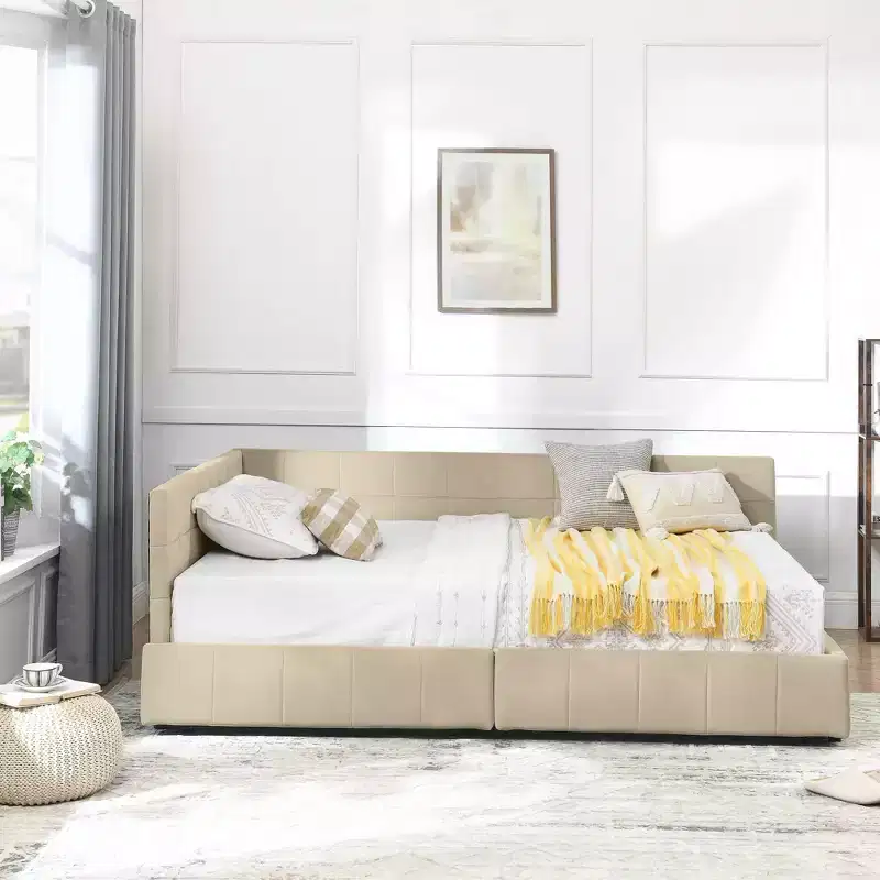 MAYEERTY Full Size Storage Upholstered Tufted Bed Frame with Backrest and Armrests for Bedroom Living Room Dark Beige