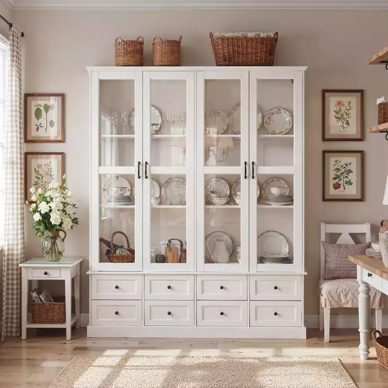 Hitow White Kitchen Storage Cabinet Display Cabinet: 63'' Wide Glass Door Display + RGB LED Lighting + Drawer Organizer  Spacious Buffet for Home