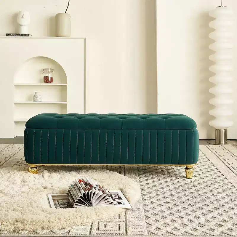 TUYOHW Upholstered Storage Ottoman with Safety Hinge, Gold Decoration Strip and Gold Embroidery Footstool, Ottoman Bench for Living Room