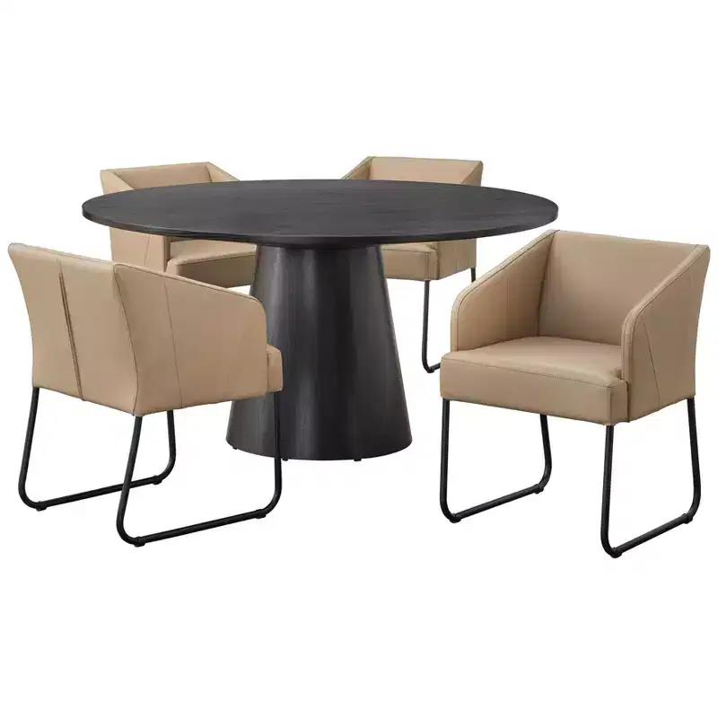 Buylateral Lucine 5pc 59" Modern Round Dining Set Black Table with Khaki Leather Dining Chairs