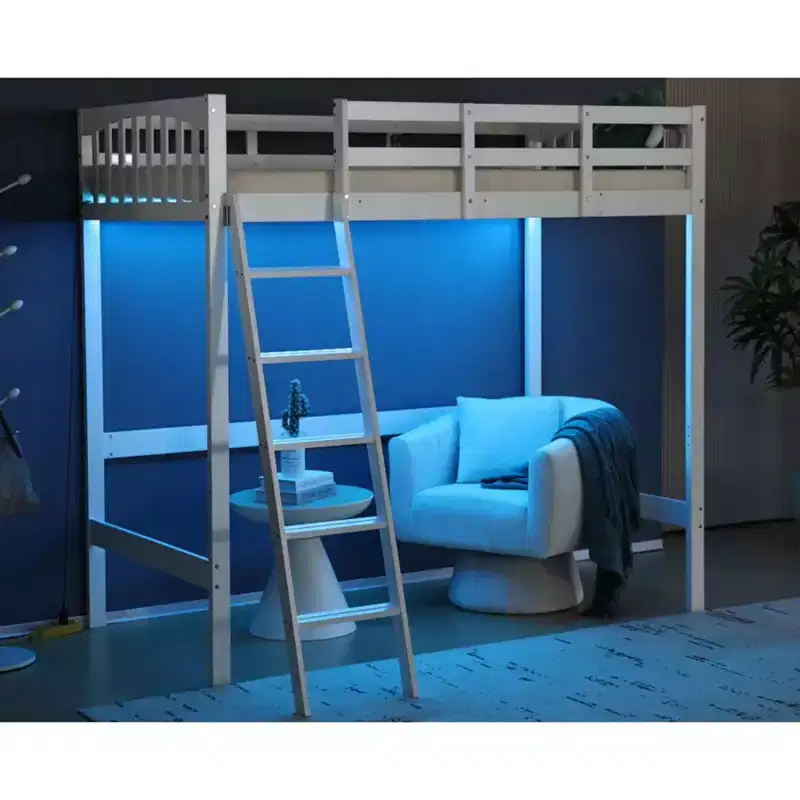 Twin Wood Loft Bed with Charging Station, LED Lights, 15 in Guardrail, Wood Slat Support, White