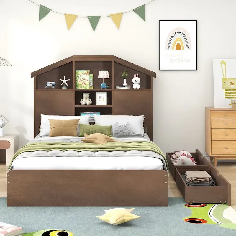 Wood Platform Bed with House-shaped Storage Headboard and 2 Drawer