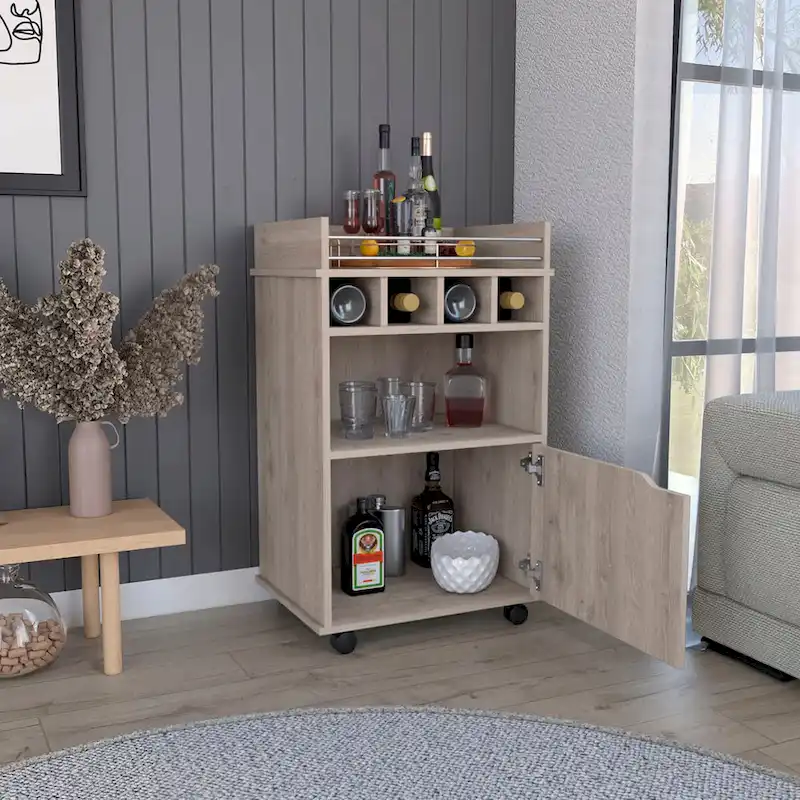 Bar Cart with 2 Open Shelves 4 Cubbies and Cabinet